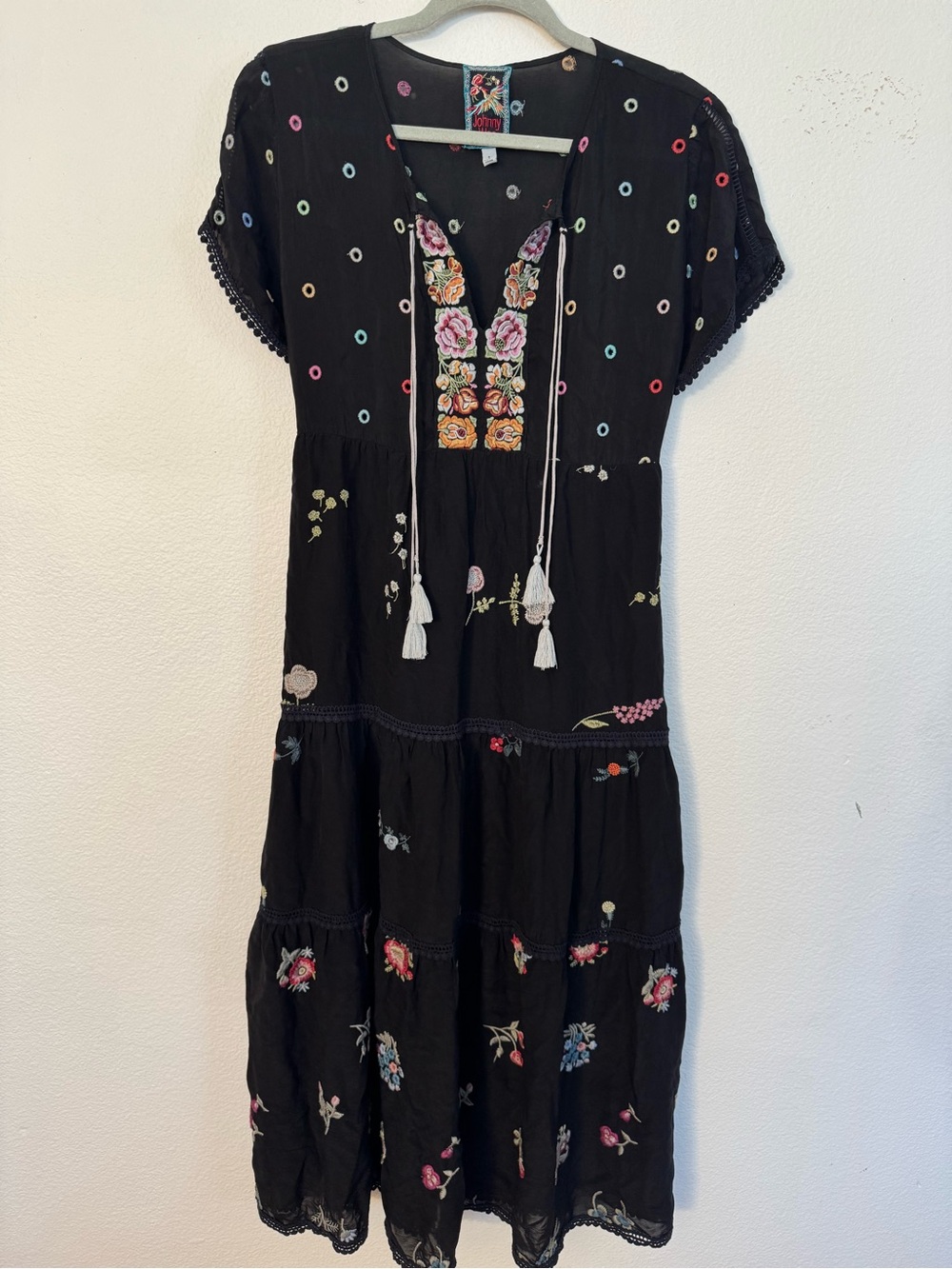 Johnny Was Black Embroidered Floral Kids Dress with Tassels